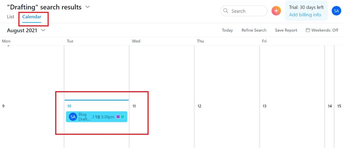 Search Results in Asana Calendar View